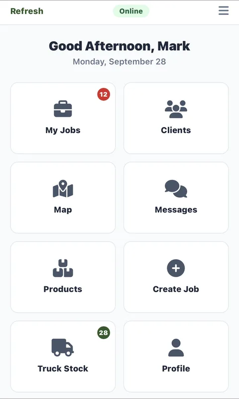 ServiceMerge technician app home screen: My Jobs, Clients, Map, Messages, Products, Create Job, Truck Stock, Profile
