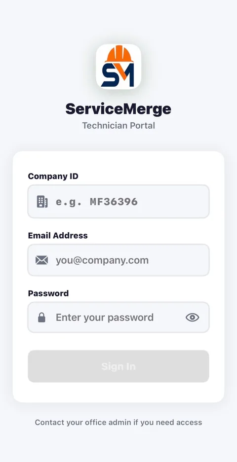 ServiceMerge Technician Portal sign-in screen on iPhone