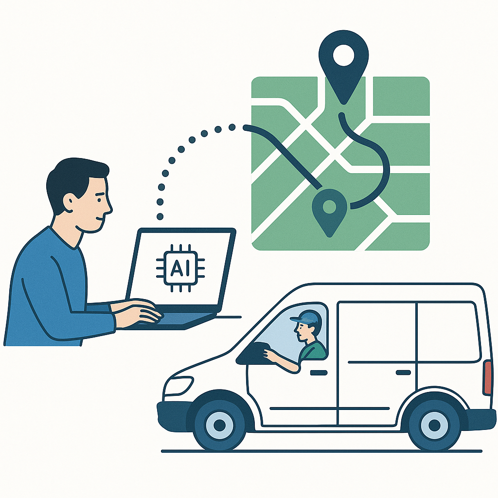 Field service dispatcher using AI dispatch and route optimization software on a screen showing technician GPS locations and job assignments