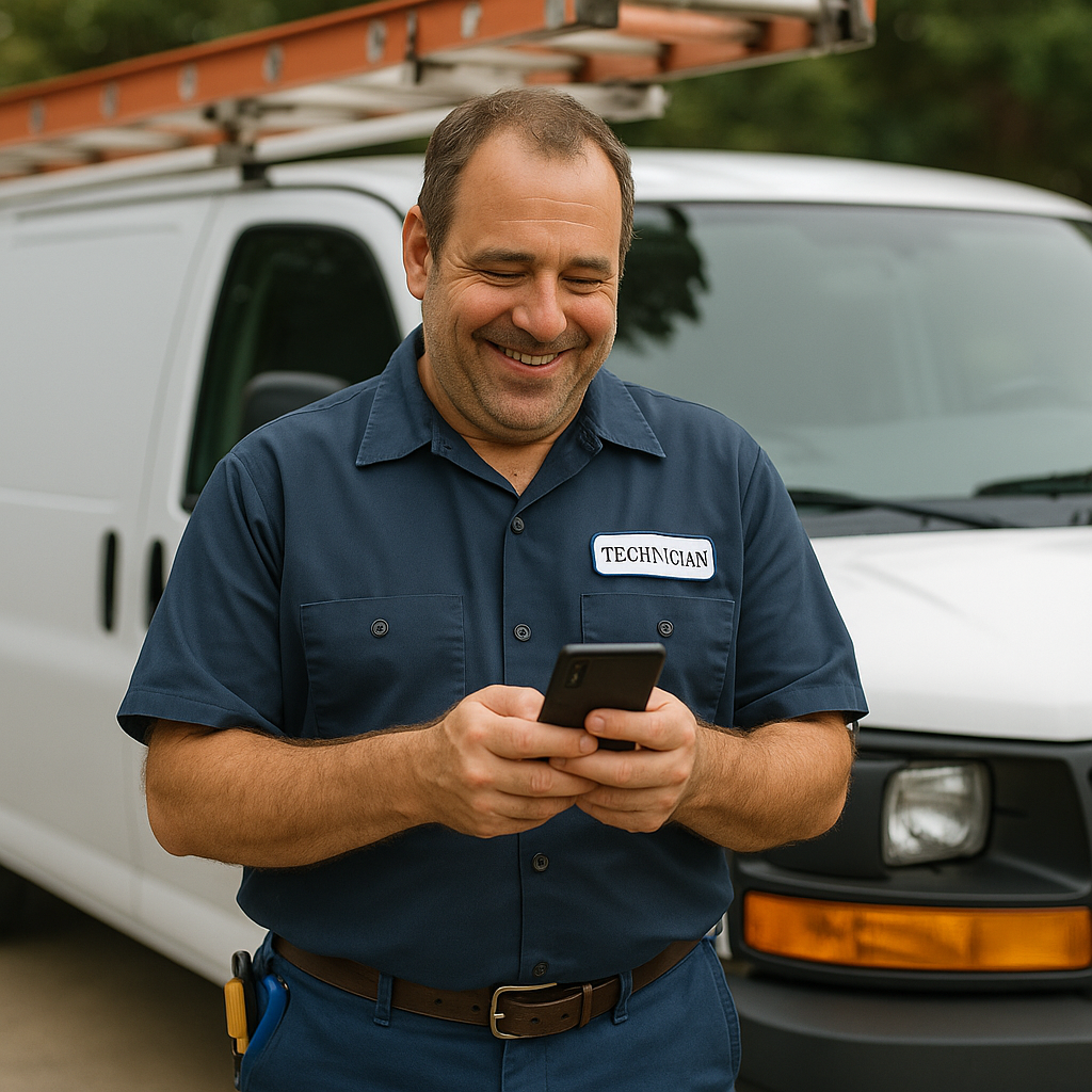 Field service contractor using field management software on a tablet to dispatch a technician on the same day as signup