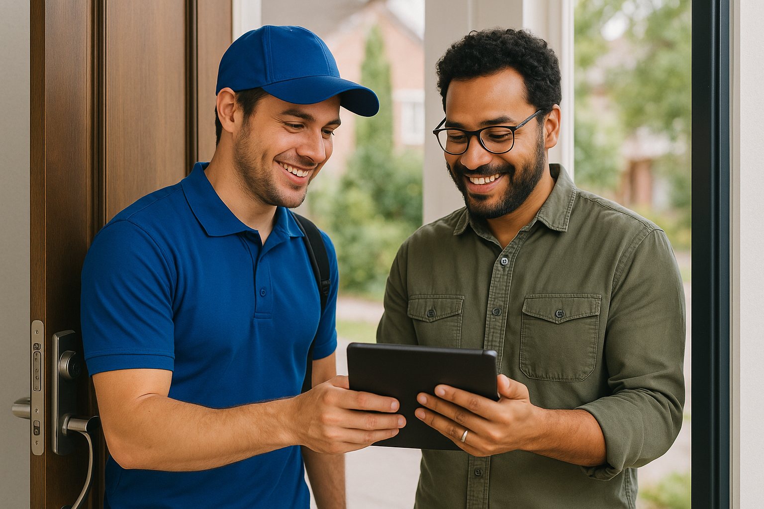 Field service technician using an AI-powered PriceBook on a tablet to build an accurate estimate at a job site