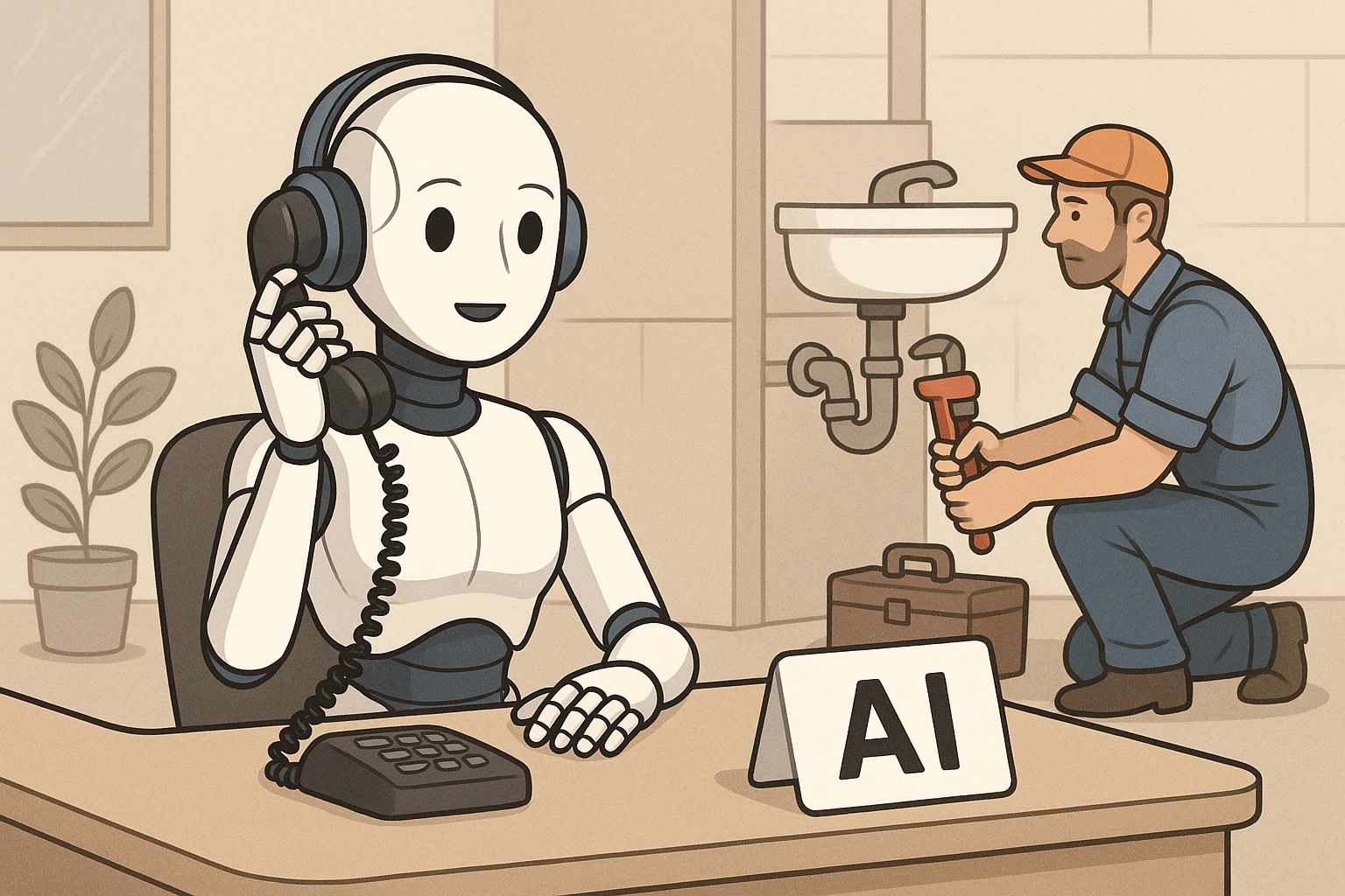 Field service AI receptionist interface showing a 24/7 inbound call being automatically booked and dispatched for a plumbing contractor