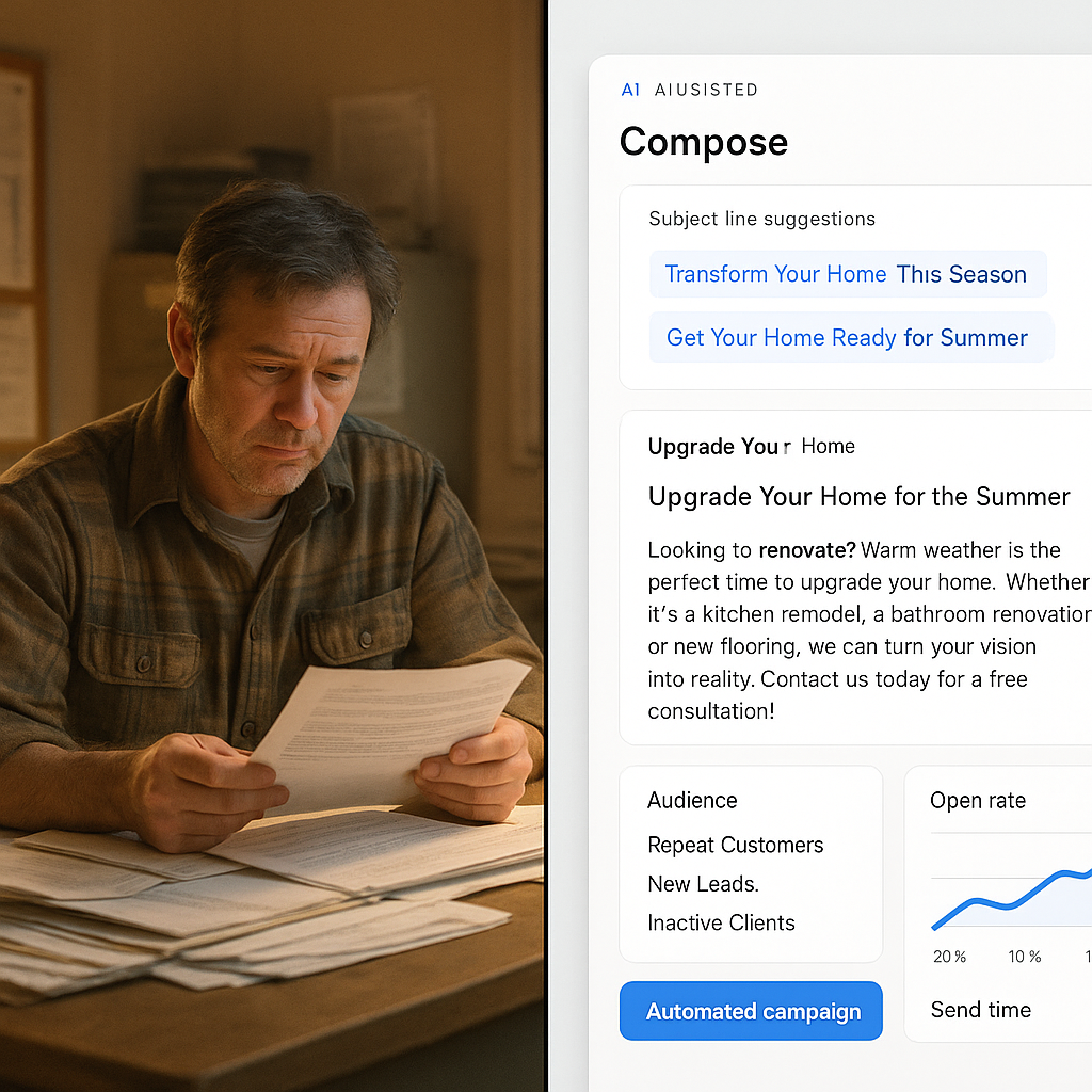 Field service contractor reviewing AI-generated email marketing campaign inside FSM platform dashboard